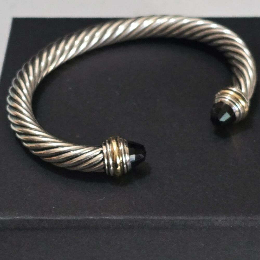 David Yurman Sterling Silver /18k Yellow Gold And Onyx Cable Bracelet